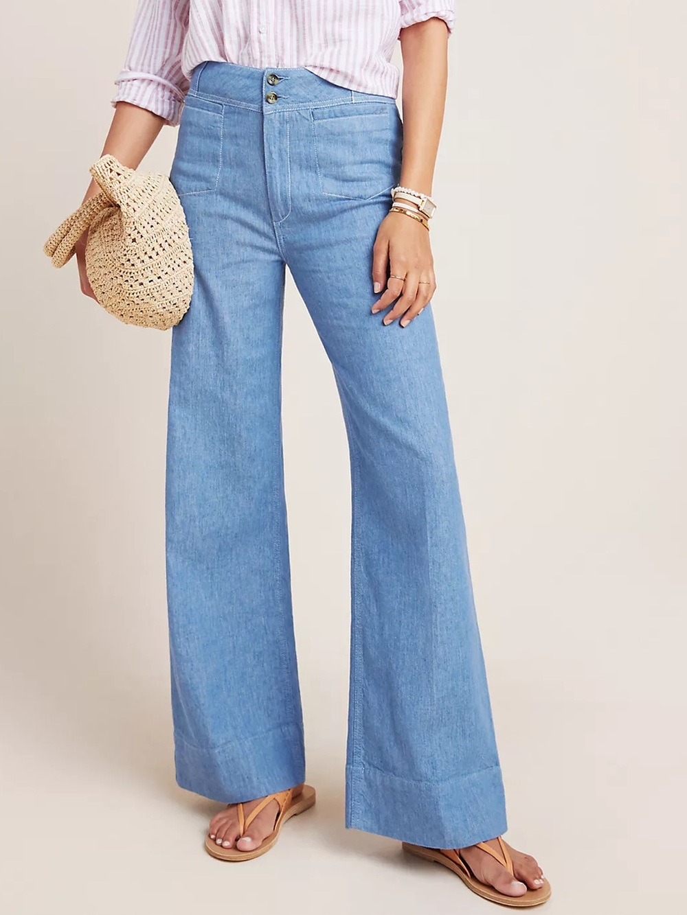 Pilcro Women High-Rise Wide-Leg Trouser Jeans 24P Boho Blue Cotton Linen Coastal